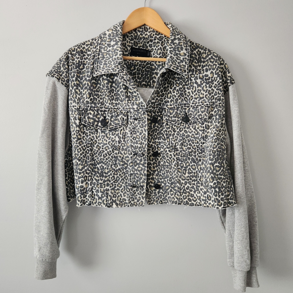 All Saints Cropped Cheetah Print Jean Jacket Womens M/L